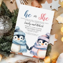 He or She, Gender Reveal, Baby Shower Penguin 招待状