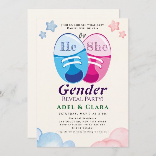 He or She Gender Reveal Invitation 招待状 (正面/裏面)