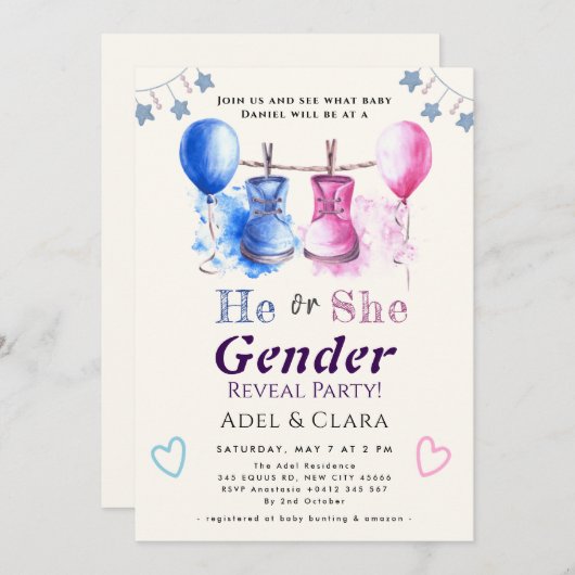 He or She Gender Reveal Invitation 招待状 (正面/裏面)