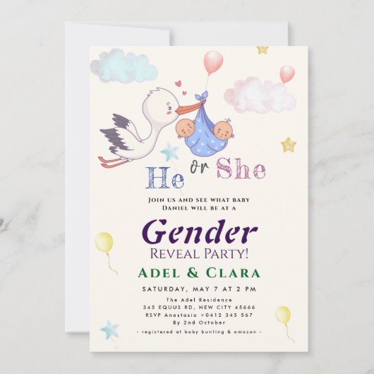 He or She Gender Reveal Invitation 招待状 (正面)