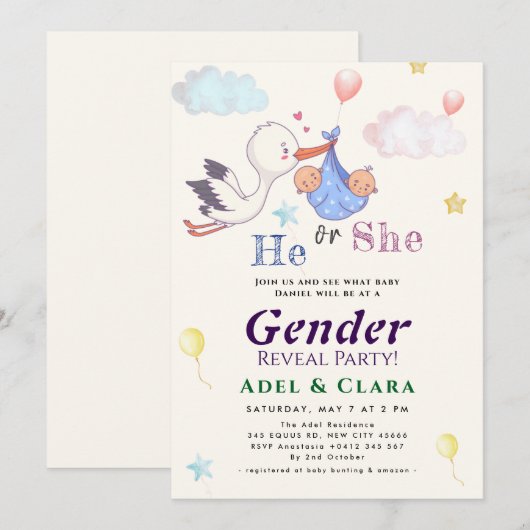 He or She Gender Reveal Invitation 招待状 (正面/裏面)