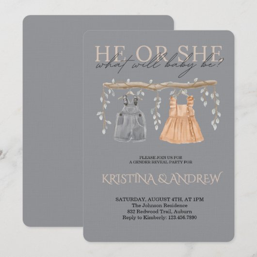 He or She Gender Reveal Party 招待状 (正面/裏面)