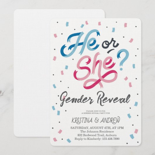 He or She Gender Reveal Party 招待状 (正面/裏面)