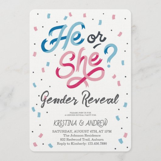 He or She Gender Reveal Party 招待状 (正面)