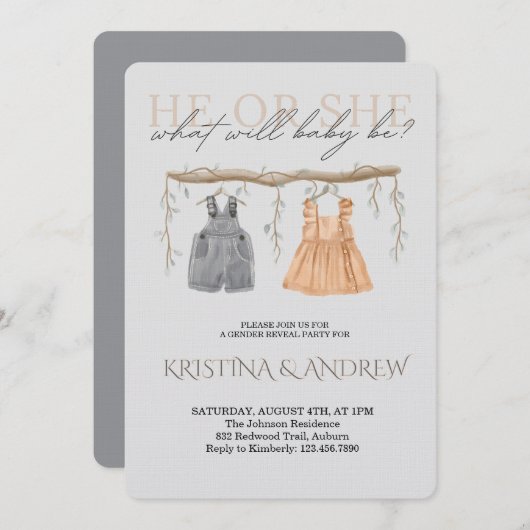 He or She Gender Reveal Party 招待状 (正面/裏面)