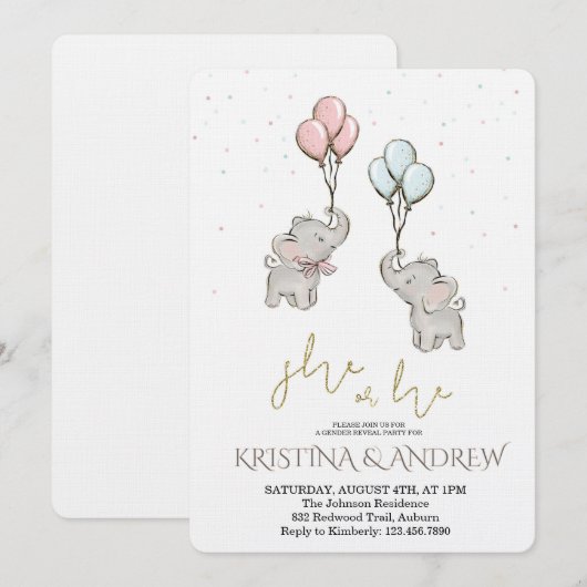 He or She Gender Reveal Party 招待状 (正面/裏面)