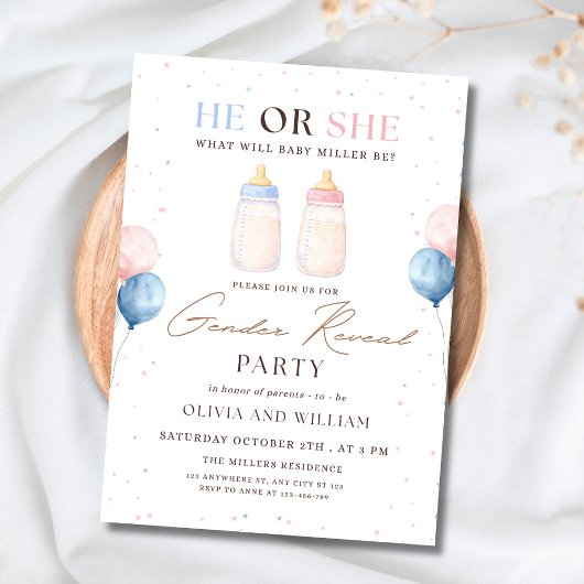 He or She Gender Reveal Party Invite, Baby Shower 招待状