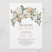 He or She Greenery Balloon Garland Gender Reveal 招待状 (正面)
