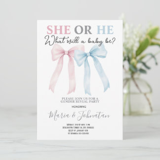 He or She Pink Blue Bow Baby Gender Reveal 招待状