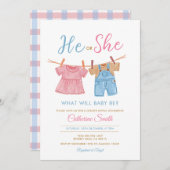 He or She Pink & Blue Clothesline Gender Reveal  招待状 (正面/裏面)