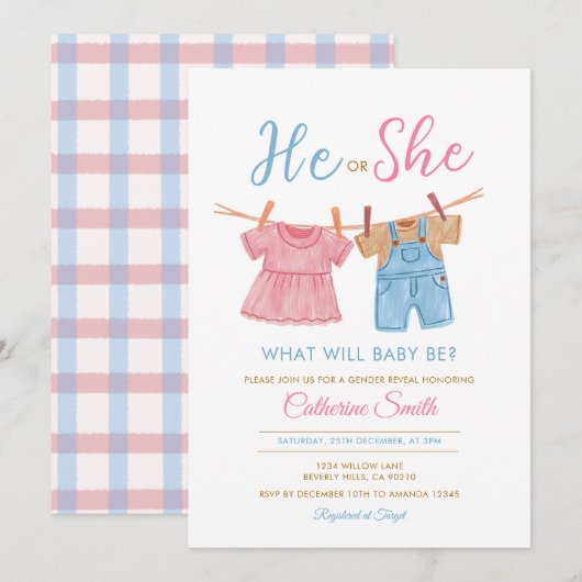 He or She Pink & Blue Clothesline Gender Reveal  招待状 (正面/裏面)