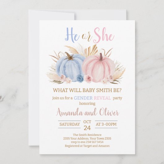 He or She Pumpkin Gender Reveal 招待状 (正面)