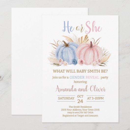 He or She Pumpkin Gender Reveal 招待状 (正面/裏面)