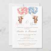 He or She Teddy Bear with Balloons Gender Reveal I 招待状 (正面)