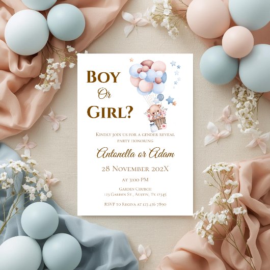 He or She Teddy Bear with Balloons Gender Reveal I 招待状