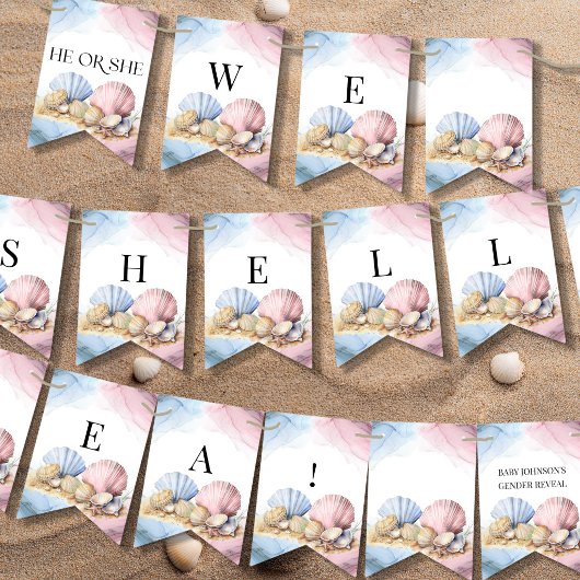He or She We Shell Sea Coastal Gender Reveal バンティングフラッグ