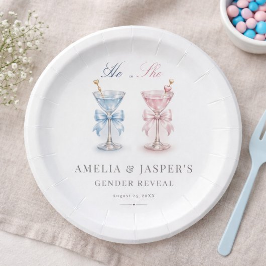 He Or She What Elegant Martini Gender Reveal Party ペーパープレート