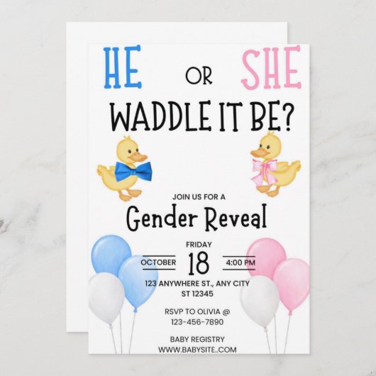 He or She who will it be? Gender reveal Invitation 招待状 (正面/裏面)
