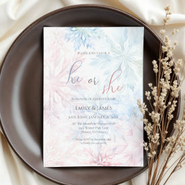 He or She Winter Pink Blue Snowflake Gender Party 招待状