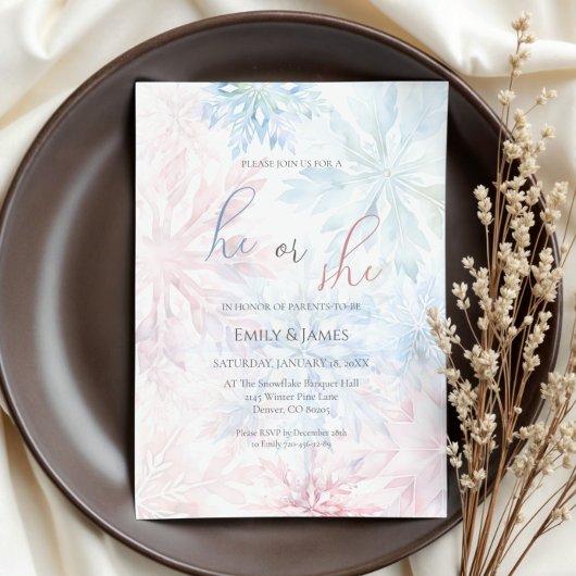 He or She Winter Pink Blue Snowflake Gender Party 招待状