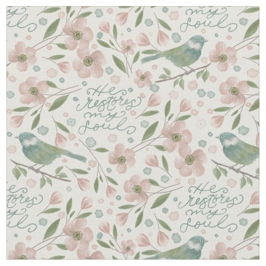 He Restores My Soul Botanical Spring Pattern ファブリック (クローズアップ)