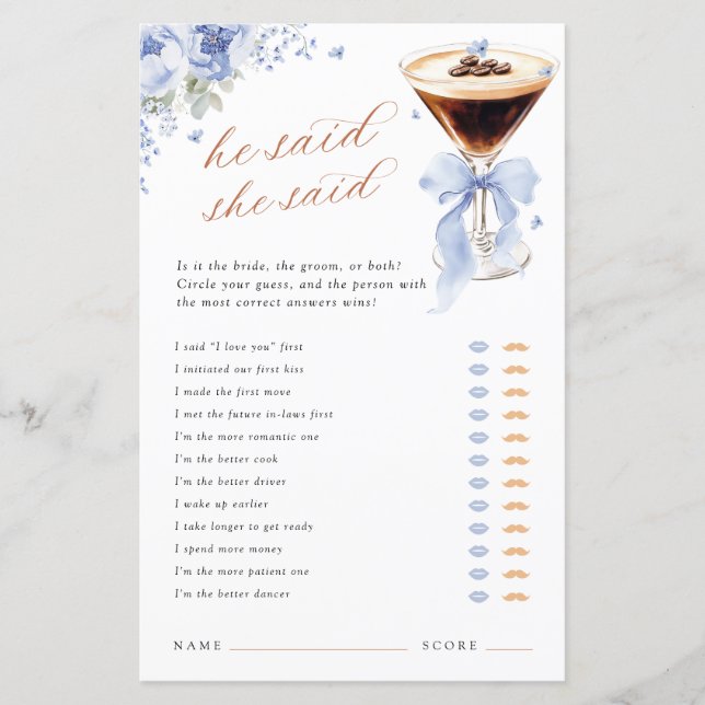 He Said She Said Blue Bow Bridal Shower Game (正面)