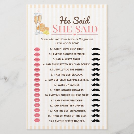 He Said She Said Bridal Shower Game  (正面)