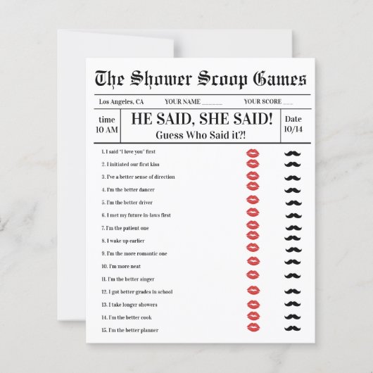 He said She said Bridal Shower Game  (正面)