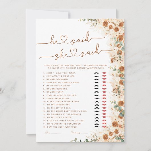 He Said She Said Bridal Shower Game | Boho Rustic  (正面)