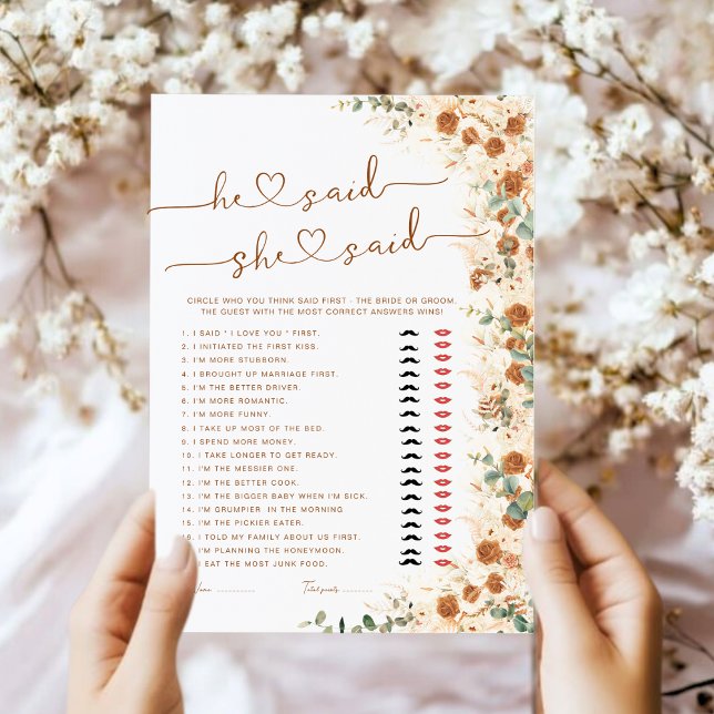 He Said She Said Bridal Shower Game | Boho Rustic  (クリエイターアップロード済み)