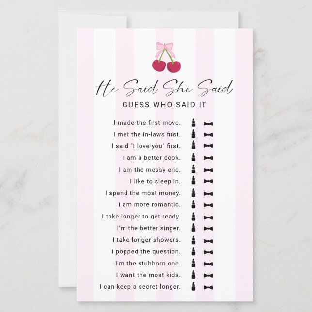 He Said She Said Bridal Shower Game Coquette (正面)