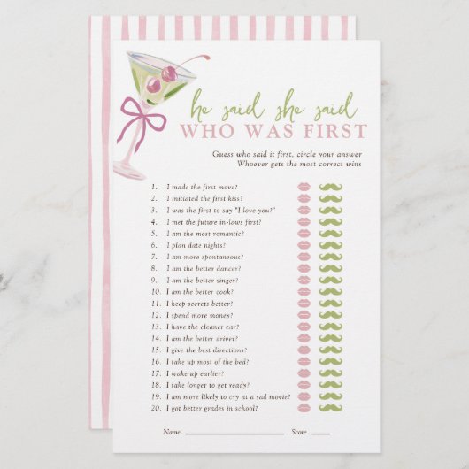 He Said She Said Chic Martini Bridal Game (正面/裏面)