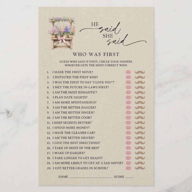 He Said She Said Farmers Market Bridal Shower Game (正面)