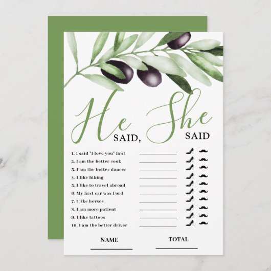 He said She Said Olive Branch Bridal Shower Card 招待状 (正面/裏面)
