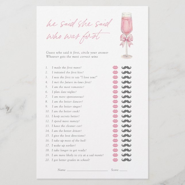 He Said She Said Pink Bow Champagne Bridal Game (正面)