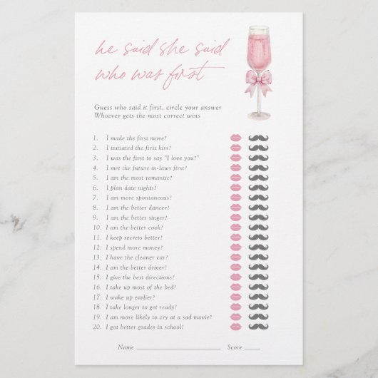 He Said She Said Pink Champagne Bow Bridal Game (正面)