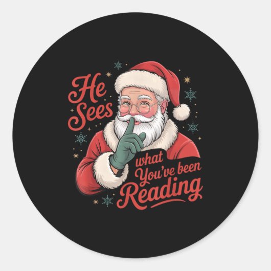 He Sees What You've Been Reading, Retro Santa Chri ラウンドシール (正面)