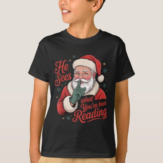 He Sees What You've Been Reading, Retro Santa Chri Tシャツ (正面)