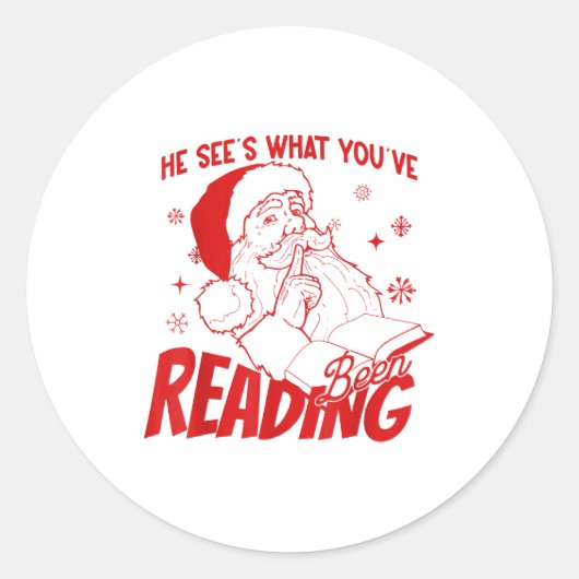 He Sees What You've Been Reading Santa Bookish Chr ラウンドシール (正面)