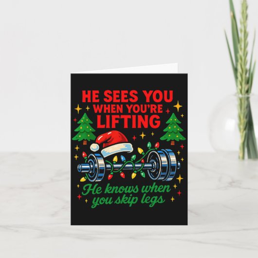 He Sees You Lifting Funny Skip Legs Christmas Tee  カード (正面)