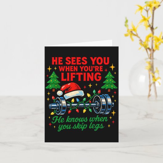 He Sees You Lifting Funny Skip Legs Christmas Tee  カード (黄色い花)