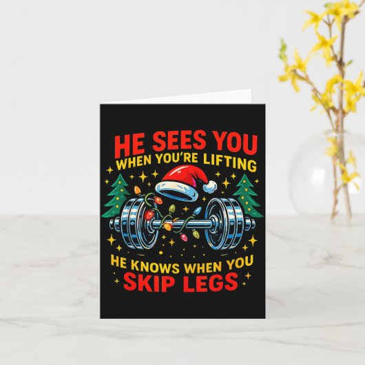 He Sees You Lifting Funny Skip Legs Christmas Tee  カード (黄色い花)