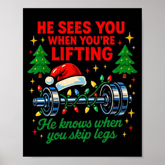 He Sees You Lifting Funny Skip Legs Christmas Tee  ポスター (正面)