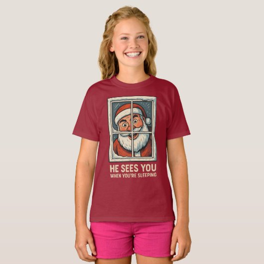 He Sees You When You’re Sleeping – Funny Creepy Sa Tシャツ (正面フル)