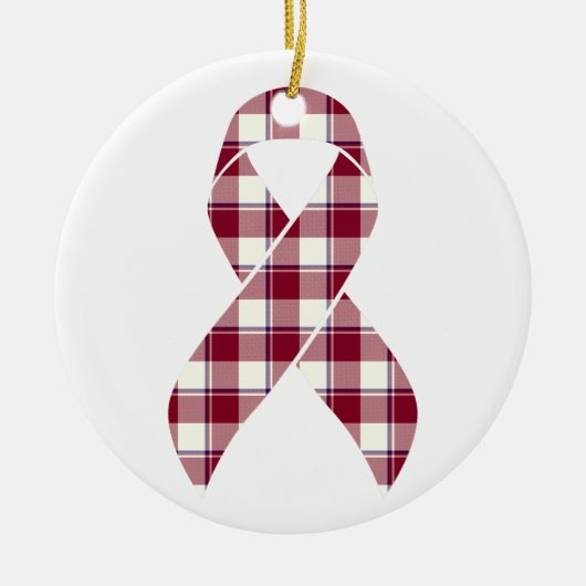 Head and Neck Cancer Awareness Plaid Burgundy セラミックオーナメント (正面)