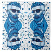 Head Of Bearded Blue Alien With Glasses Sci-Fi Art タイル (正面)