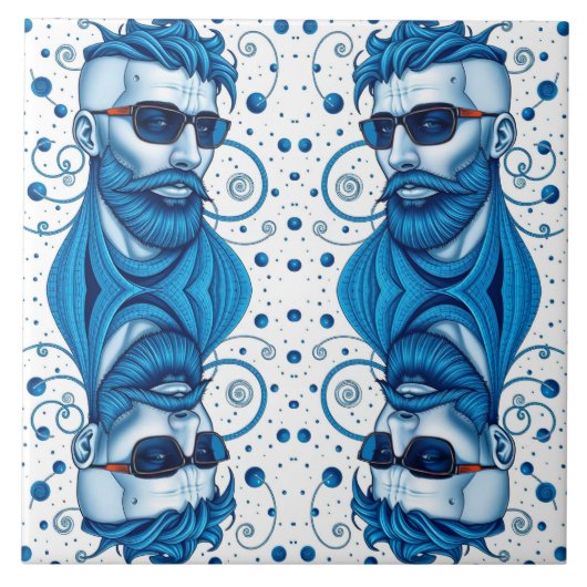 Head Of Bearded Blue Alien With Glasses Sci-Fi Art タイル (正面)