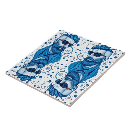 Head Of Bearded Blue Alien With Glasses Sci-Fi Art タイル (側面)