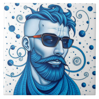 Head Of Bearded Blue Alien With Glasses Sci-Fi Art タイル
