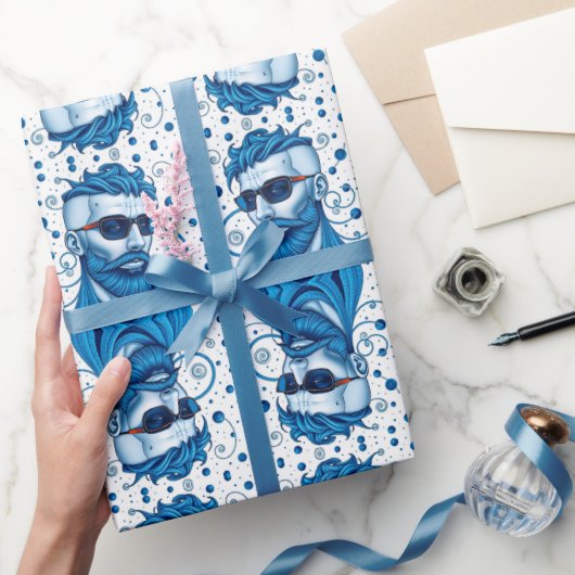Head Of Bearded Blue Alien With Glasses Sci-Fi Art ラッピングペーパー (ギフト)